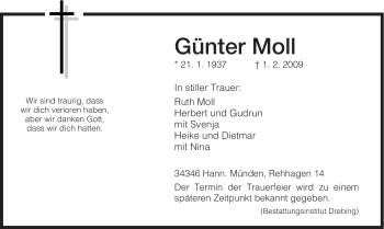 Todesanzeige von Günter Moll von HNA