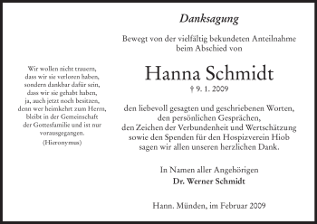 Todesanzeige von Hanna Schmidt von HNA
