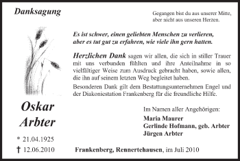 Todesanzeige von Oskar Arbter von HNA