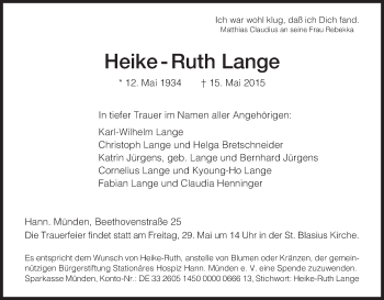 Todesanzeige von Heike-Ruth Lange von HNA