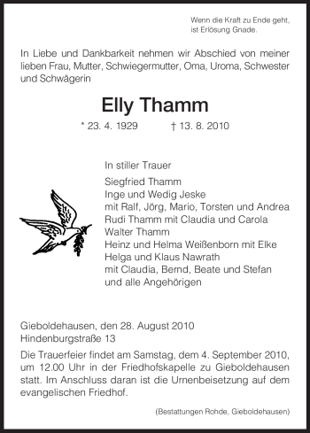 Todesanzeige von Elly Thamm von HNA