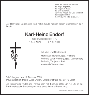 Todesanzeige von Karl-Heinz Endorf von HNA
