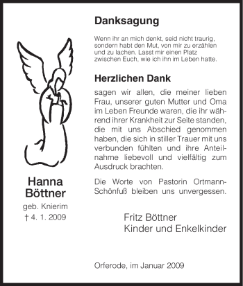Todesanzeige von Hanna Boettner von HNA