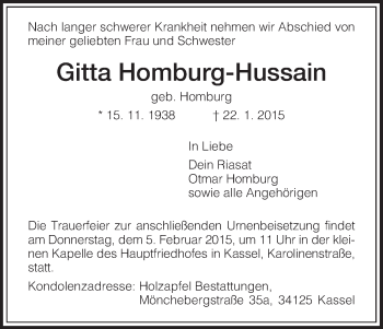 Todesanzeige von Gitta Homburg-Hussain von HNA