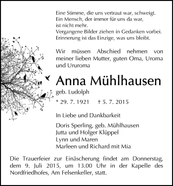 Todesanzeige von Anna Mühlhausen von HNA