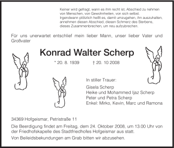 Todesanzeige von Konrad Walter Scherp von HNA