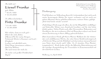 Todesanzeige von Fritz Franke von HNA