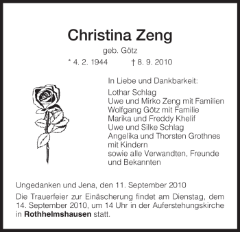 Todesanzeige von Christina Zeng von HNA