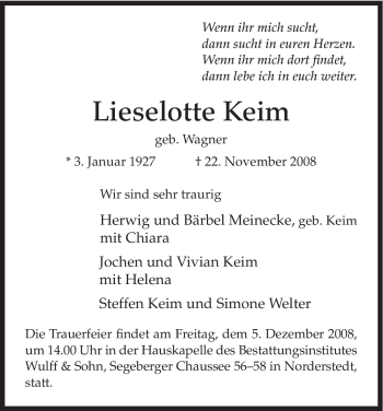 Todesanzeige von Lieselotte Keim von HNA