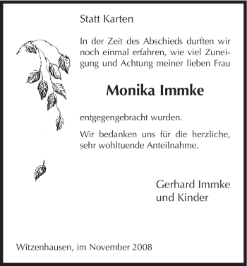 Todesanzeige von Monika Immke von HNA