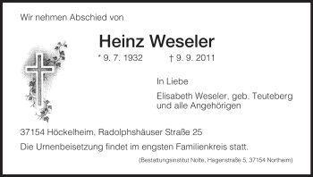 Todesanzeige von Heinz Weseler von HNA