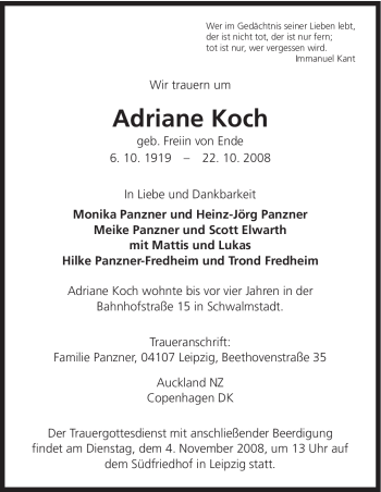 Todesanzeige von Adriane Koch von HNA