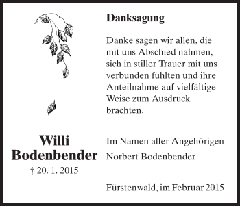 Todesanzeige von Willi Bodenbender von HNA