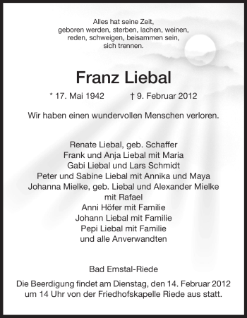 Todesanzeige von Franz Liebal von HNA