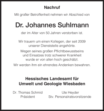 Todesanzeige von Johannes Suhlmann von HNA