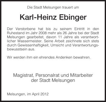 Todesanzeige von Karl-Heinz Ebinger von HNA
