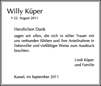 Todesanzeige von Wilhelm Küper von HNA