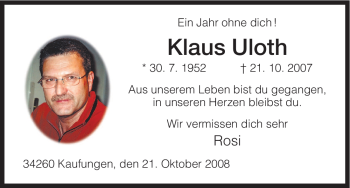Todesanzeige von Klaus Uloth von HNA