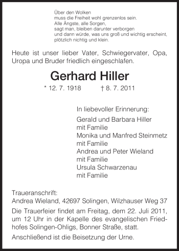 Todesanzeige von Gerhard Hiller von HNA