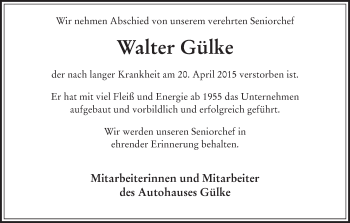 Todesanzeige von Walter Gülke von HNA