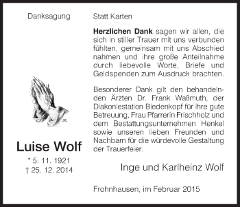 Todesanzeige von Luise Wolf von HNA