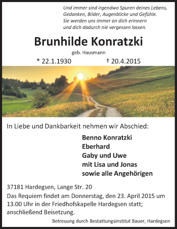 Todesanzeige von Brunhilde Konratzki von HNA