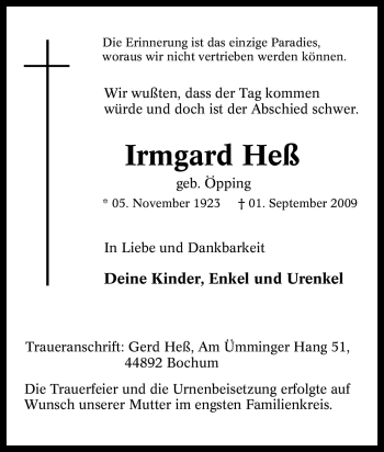 Todesanzeige von Irmgard Heß von HNA