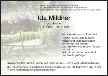 Todesanzeige von Ida Mildner von HNA