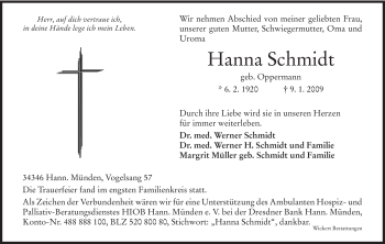 Todesanzeige von Hanna Schmidt von HNA