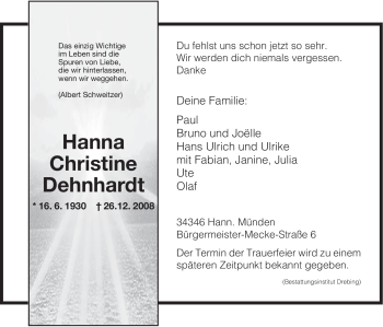 Todesanzeige von Hanna Christine Dehnhardt von HNA