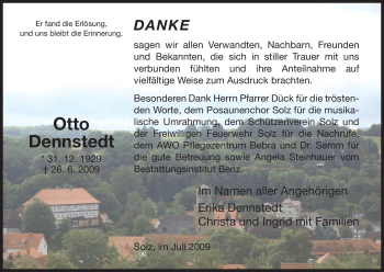 Todesanzeige von Otto Dennstedt von HNA