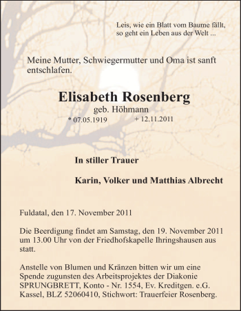 Todesanzeige von Elisabeth Rosenberg von HNA