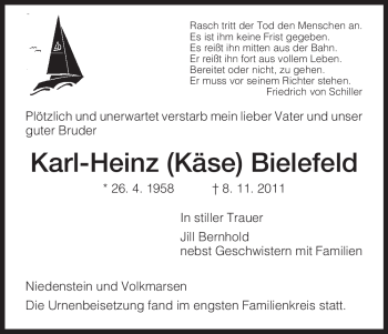 Todesanzeige von Karl-Heinz Bielefeld von HNA