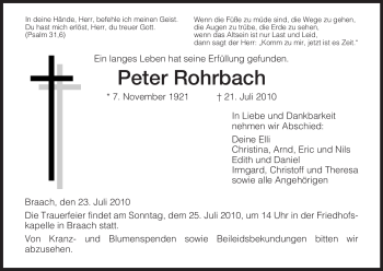 Todesanzeige von Peter Rohrbach von HNA
