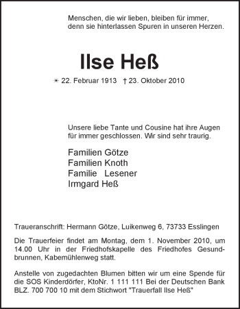 Todesanzeige von Ilse Heß von HNA