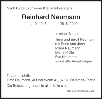 Todesanzeige von Reinhard Neumann von HNA