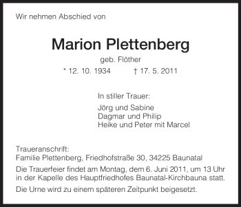 Todesanzeige von Marion Plettenberg von HNA