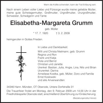Todesanzeige von Elisabetha-Margareta Grumm von HNA