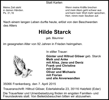 Todesanzeige von Hilde Starck von HNA
