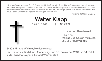 Todesanzeige von Walter Klapp von HNA