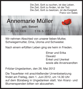 Todesanzeige von Annemarie Müller von HNA