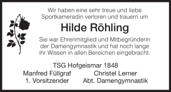 Todesanzeige von Hilde Röhling von HNA