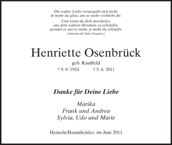 Todesanzeige von Henriette Osenbrück von HNA