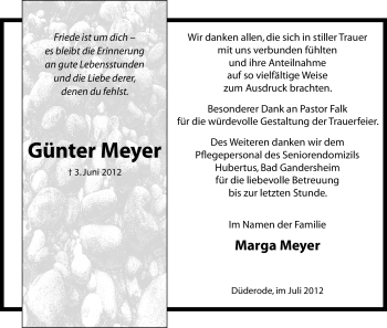 Todesanzeige von Günter Meyer von HNA