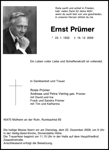 Todesanzeige von Ernst Prümer von HNA