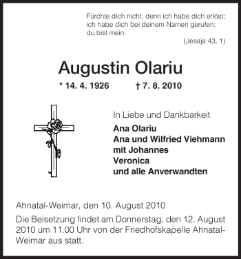 Todesanzeige von Augustin Olariu von HNA