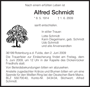 Todesanzeige von Alfred Schmidt von HNA