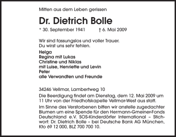 Todesanzeige von Dietrich Bolle von HNA