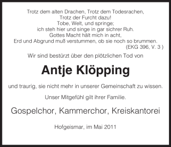 Todesanzeige von Antje Klöpping von HNA