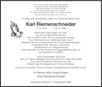 Todesanzeige von Karl Riemenschneider von HNA